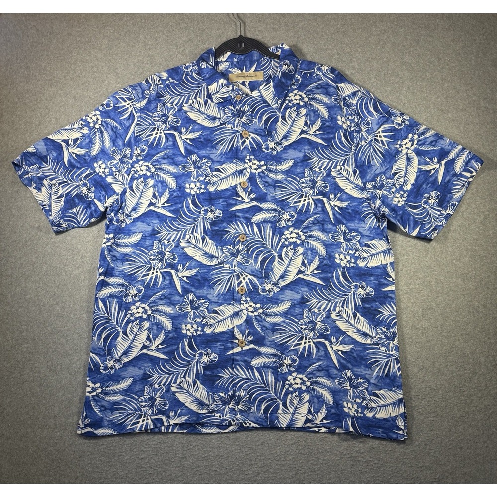 Tommy Bahama Hawaiian Shirt Size L Blue Floral Tropical Short Sleeve